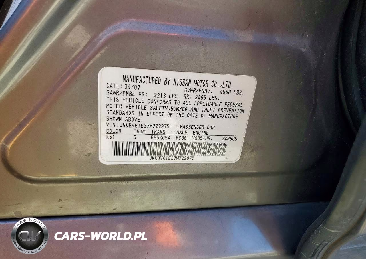 2007 Infiniti G35 Base VIN:JNKBV61E37M722975 - 13