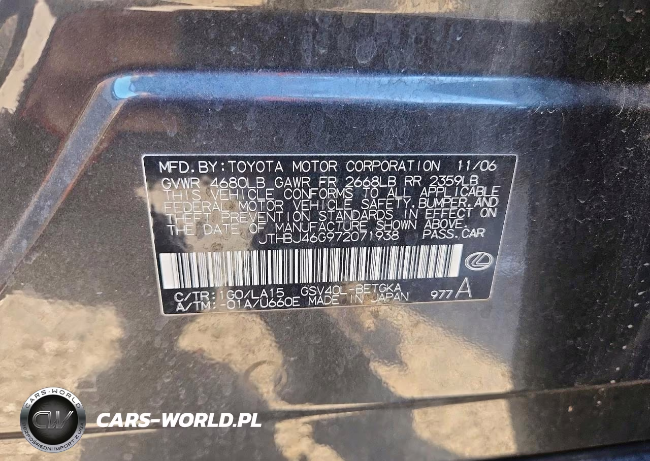 2007 Lexus Es 350 VIN:JTHBJ46G972071938 - 12