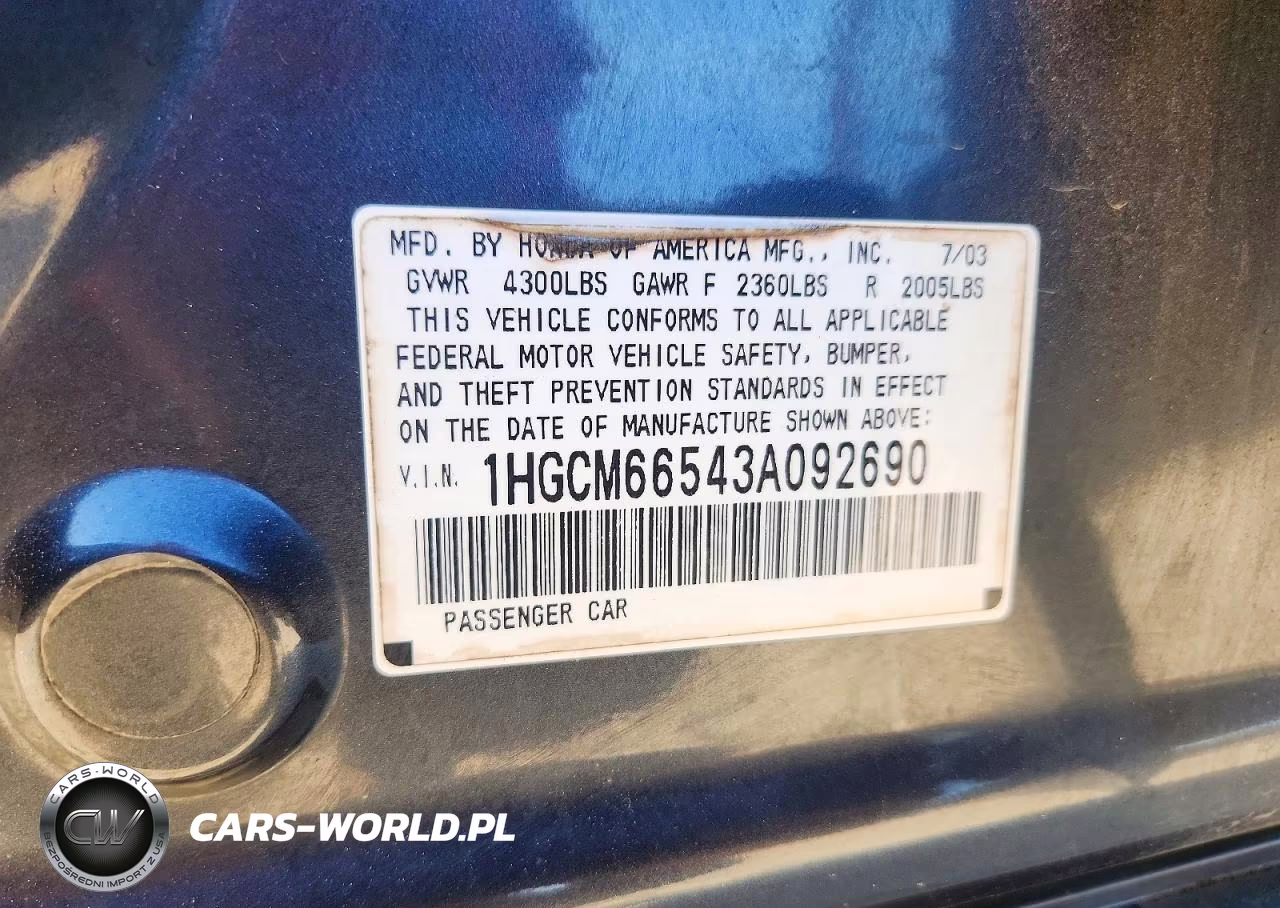2003 Honda Accord Ex VIN:1HGCM66543A092690 - 12