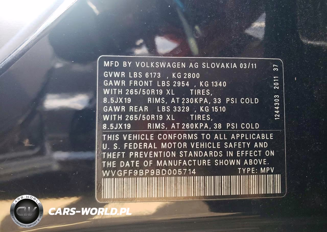 2011 Volkswagen Touareg V6 VIN:WVGFF9BP9BD005714 - 12