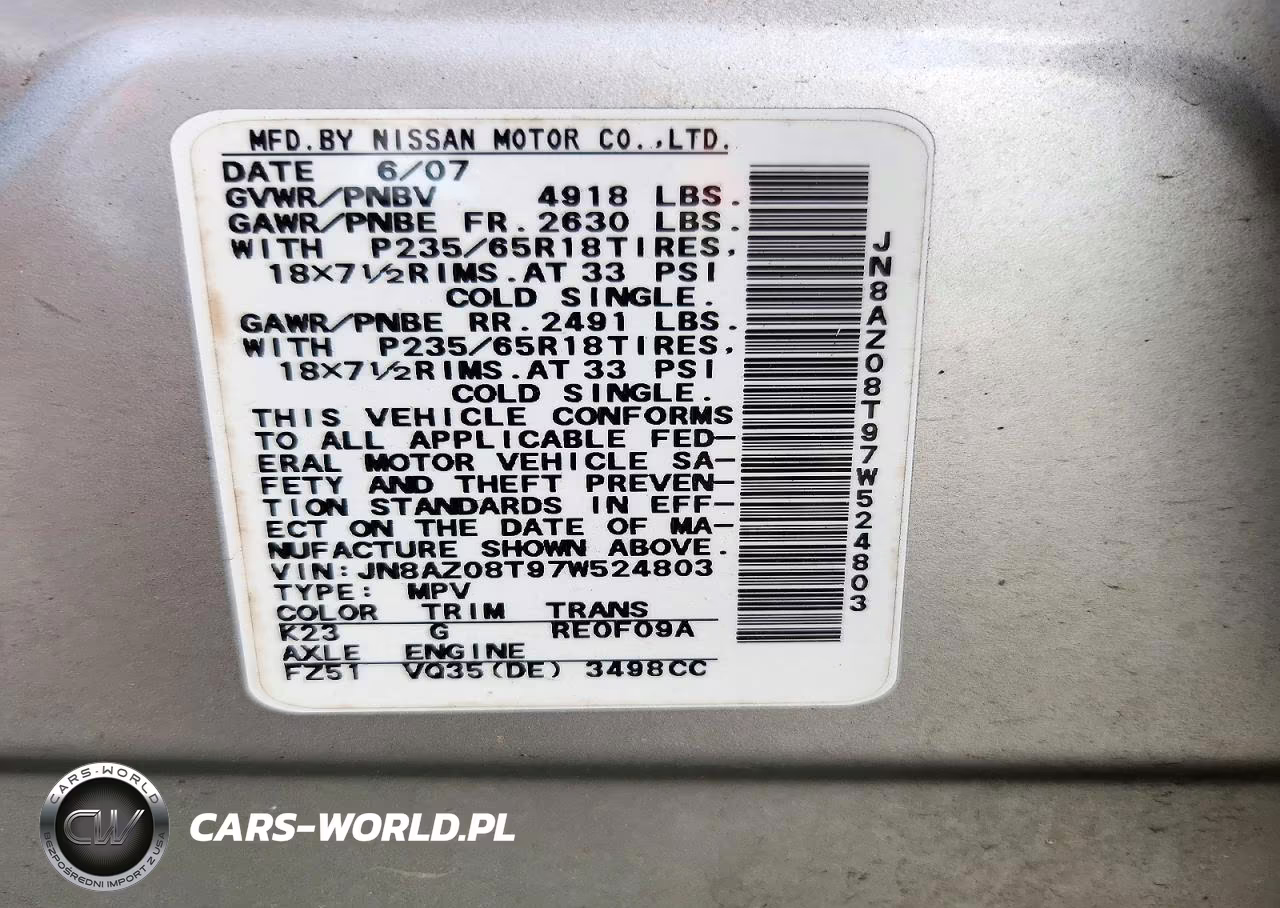 2007 Nissan Murano S VIN:JN8AZ08T97W524803 - 12