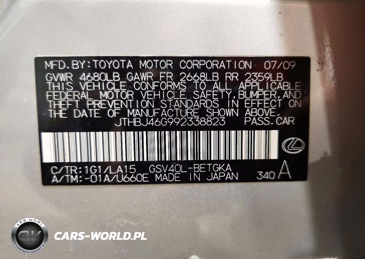 2009 Lexus Es 350 VIN:JTHBJ46G992338823 - 12