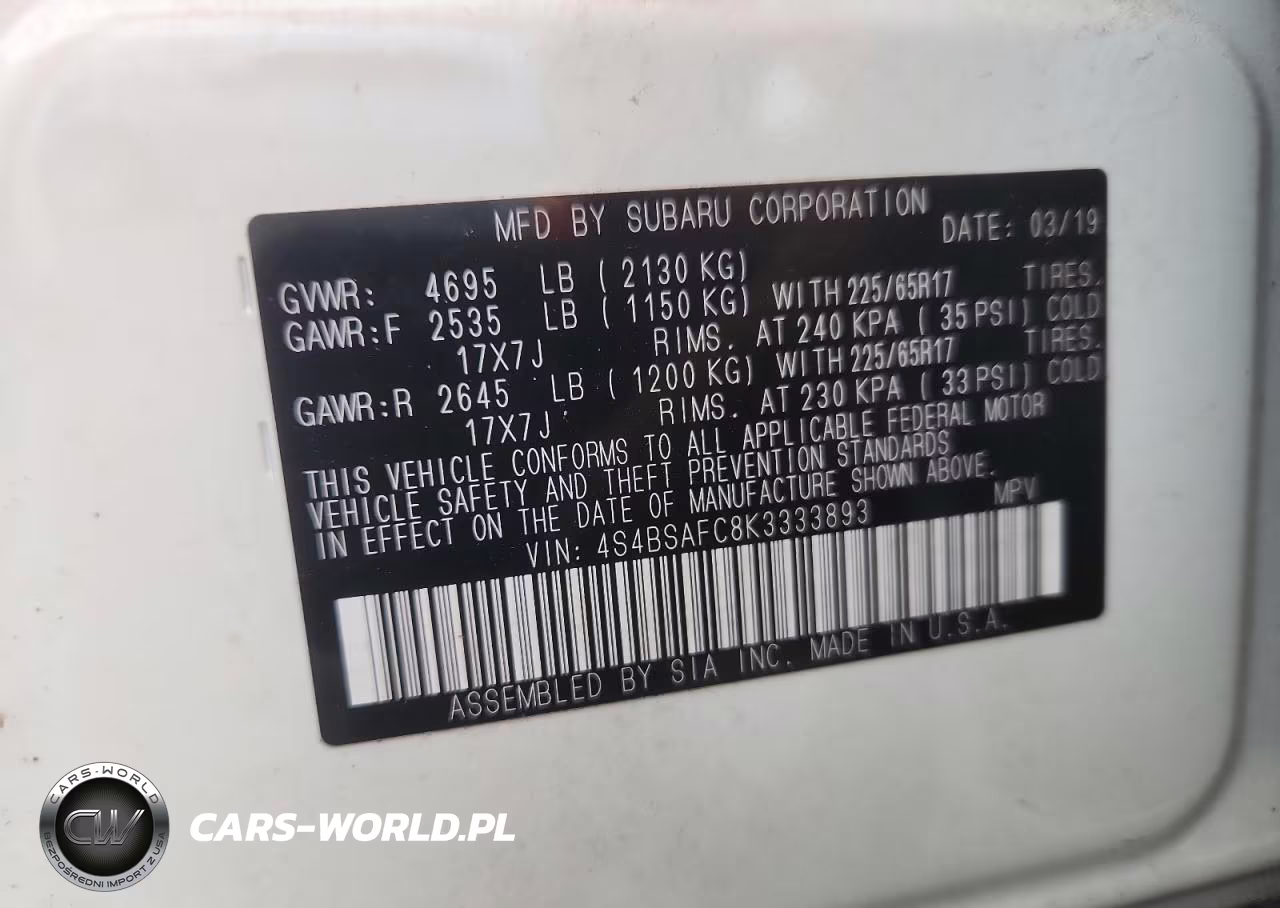 2019 Subaru Outback 2.5I Premium VIN:4S4BSAFC8K3333893 - 13
