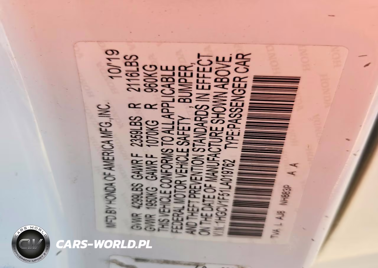 2020 Honda Accord Exl VIN:1HGCV1F51LA019762 - 12