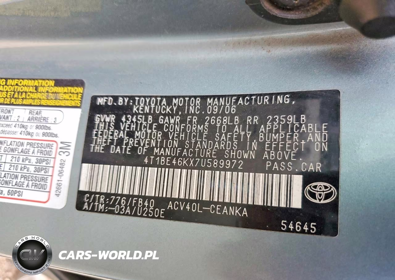 2007 Toyota Camry Le VIN:4T1BE46KX7U589972 - 12