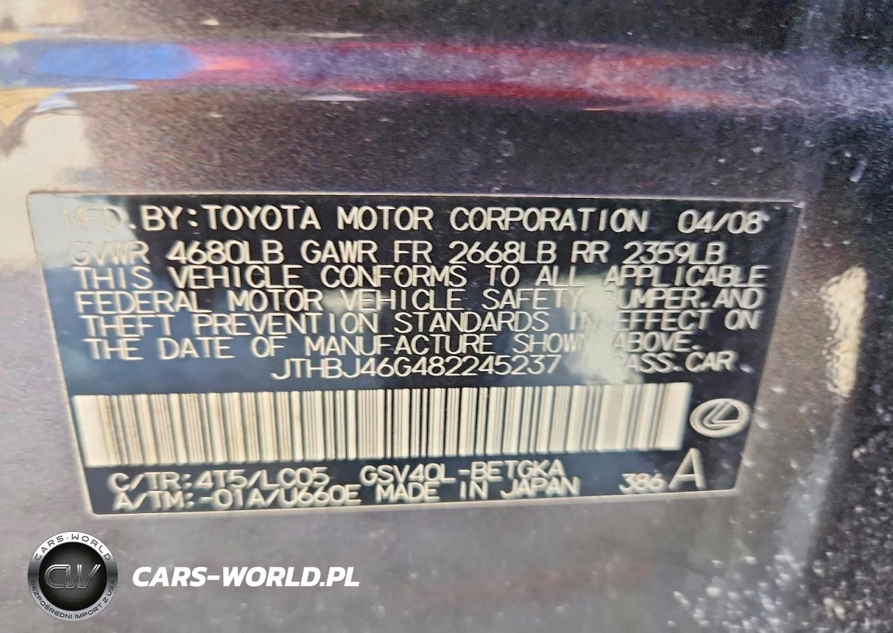 2008 Lexus Es 350 VIN:JTHBJ46G482245237 - 12