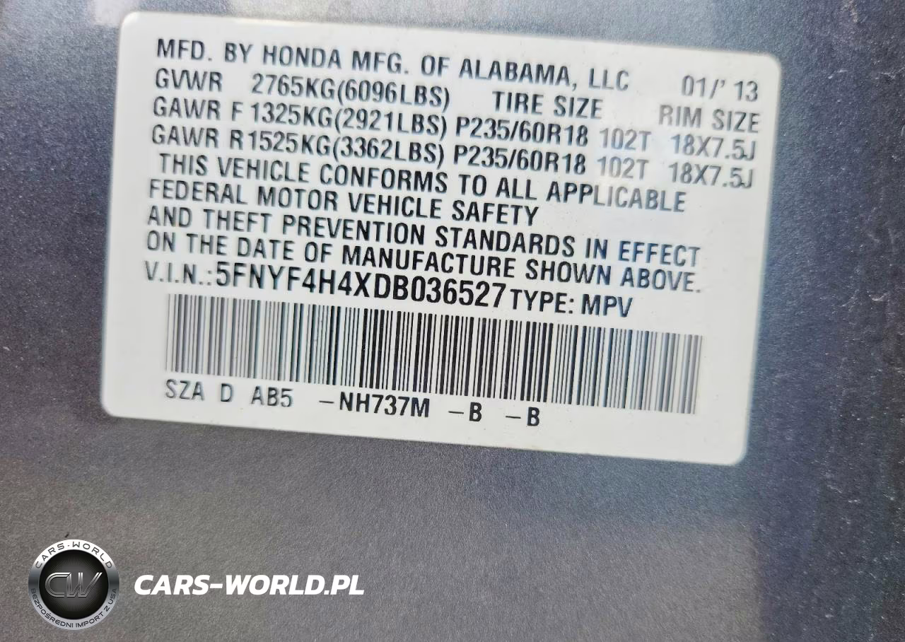 2013 Honda Pilot Ex VIN:5FNYF4H4XDB036527 - 13