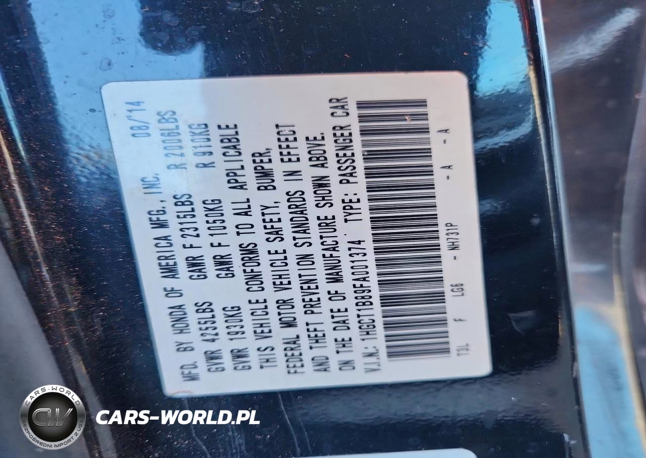 2015 Honda Accord Exl VIN:1HGCT1B89FA001374 - 12