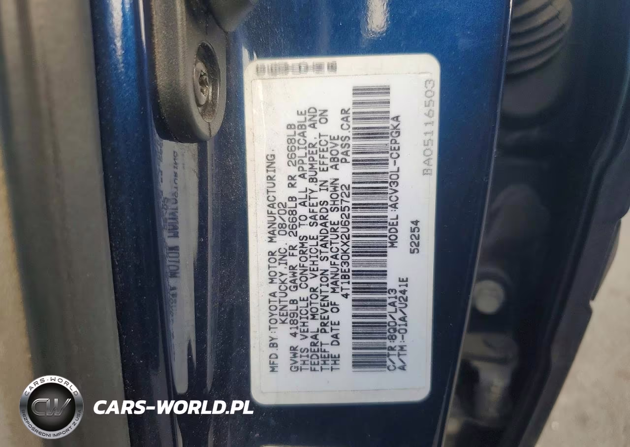 2002 Toyota Camry VIN:4T1BE30KX2U625722 - 12
