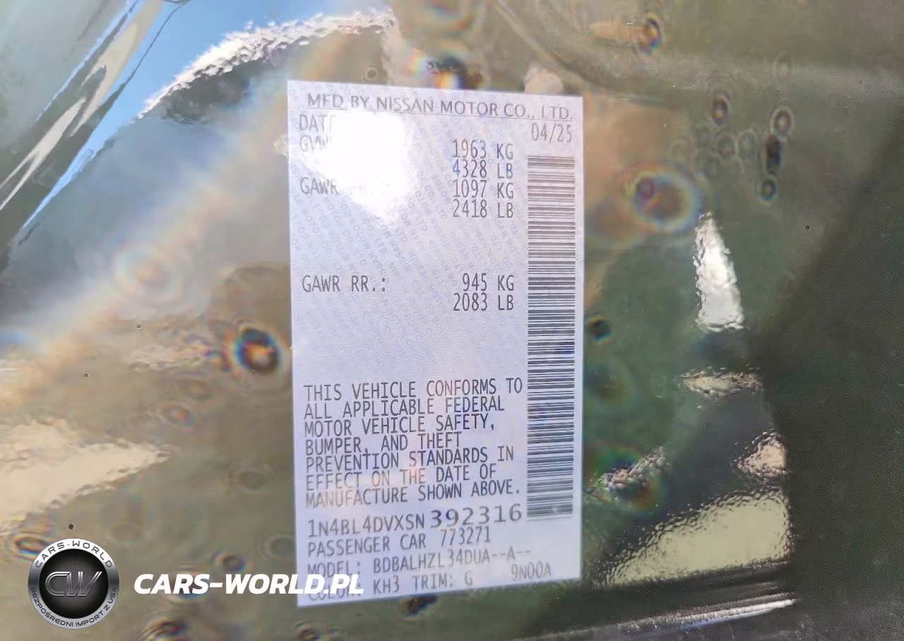 2025 Nissan Altima Sv VIN:1N4BL4DVXSN392316 - 12