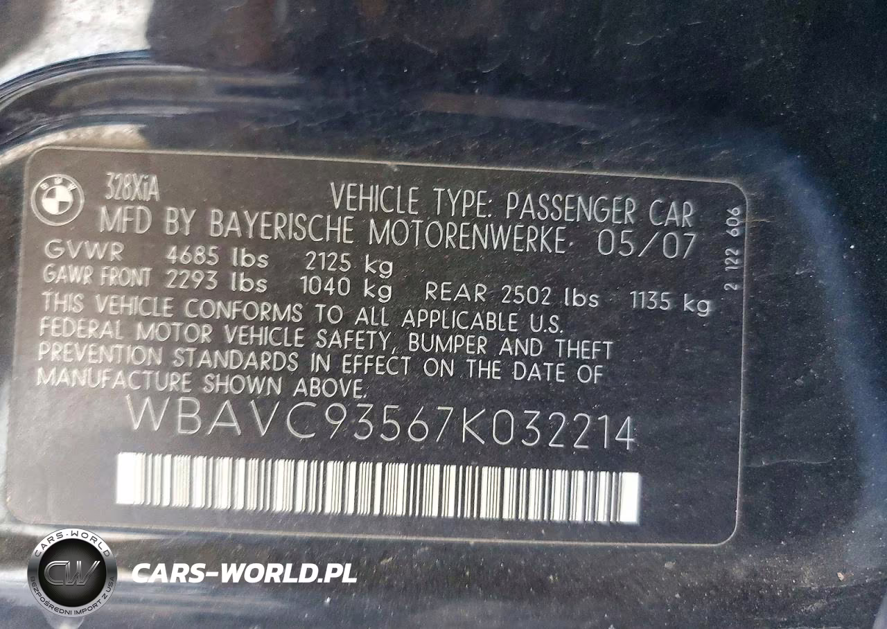 2007 BMW 328 Xi VIN:WBAVC93567K032214 - 12