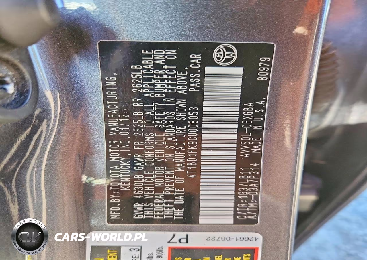 2012 Toyota Camry Hybrid Xle VIN:4T1BD1FK9CU008053 - 12