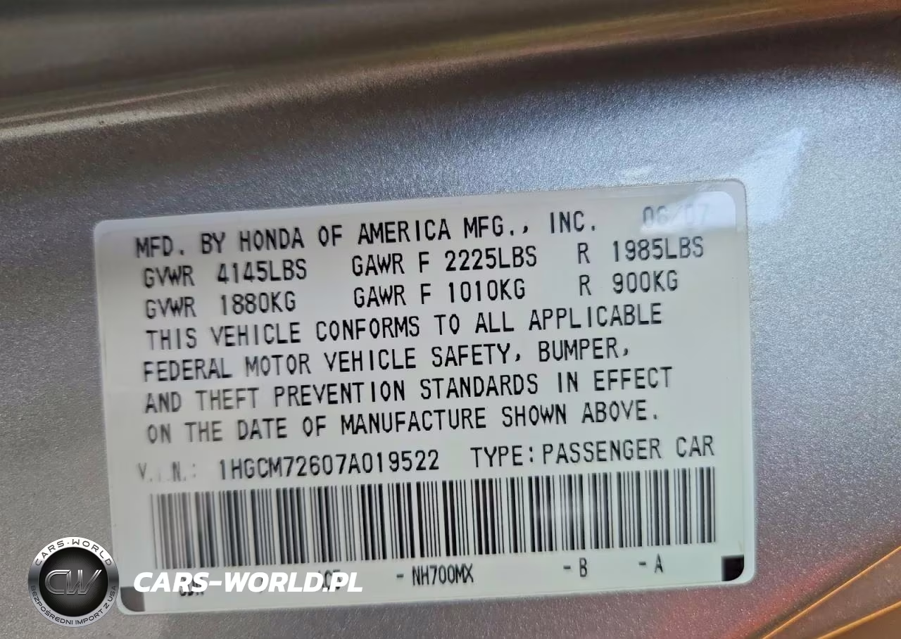 2007 Honda Accord Ex VIN:1HGCM72607A019522 - 12