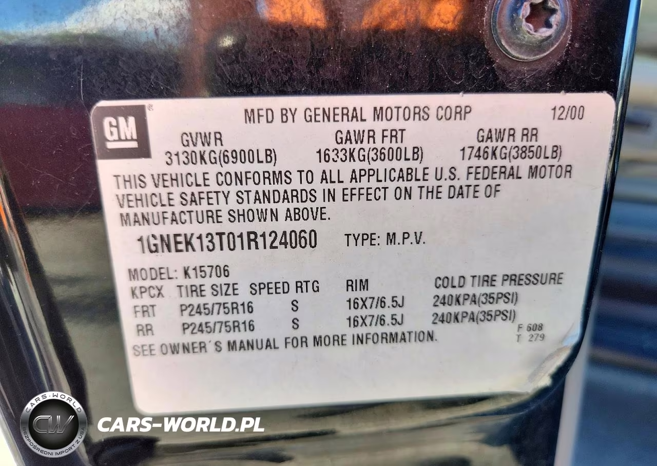 2001 Chevrolet Tahoe K1500 VIN:1GNEK13T01R124060 - 14