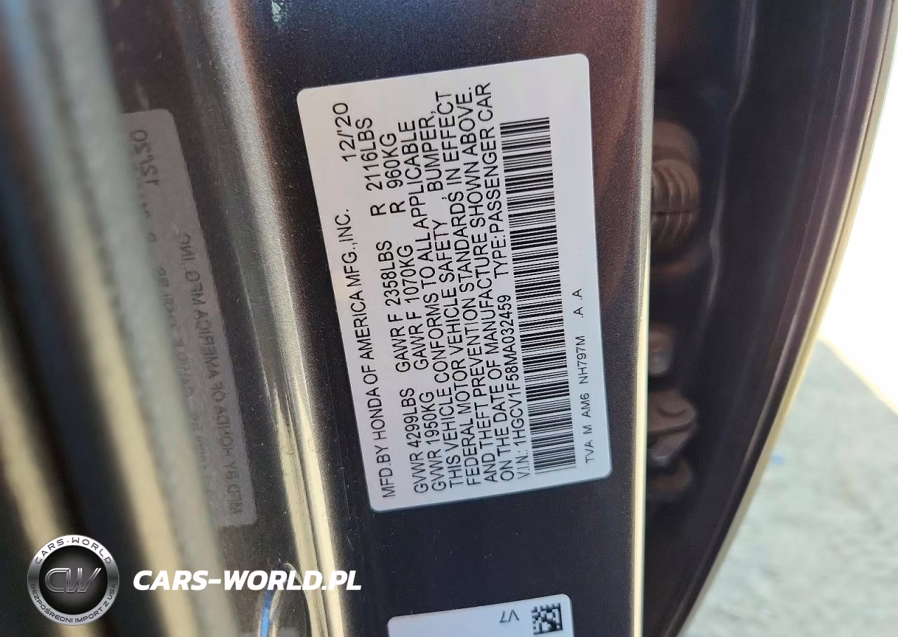 2021 Honda Accord Exl VIN:1HGCV1F58MA032459 - 12