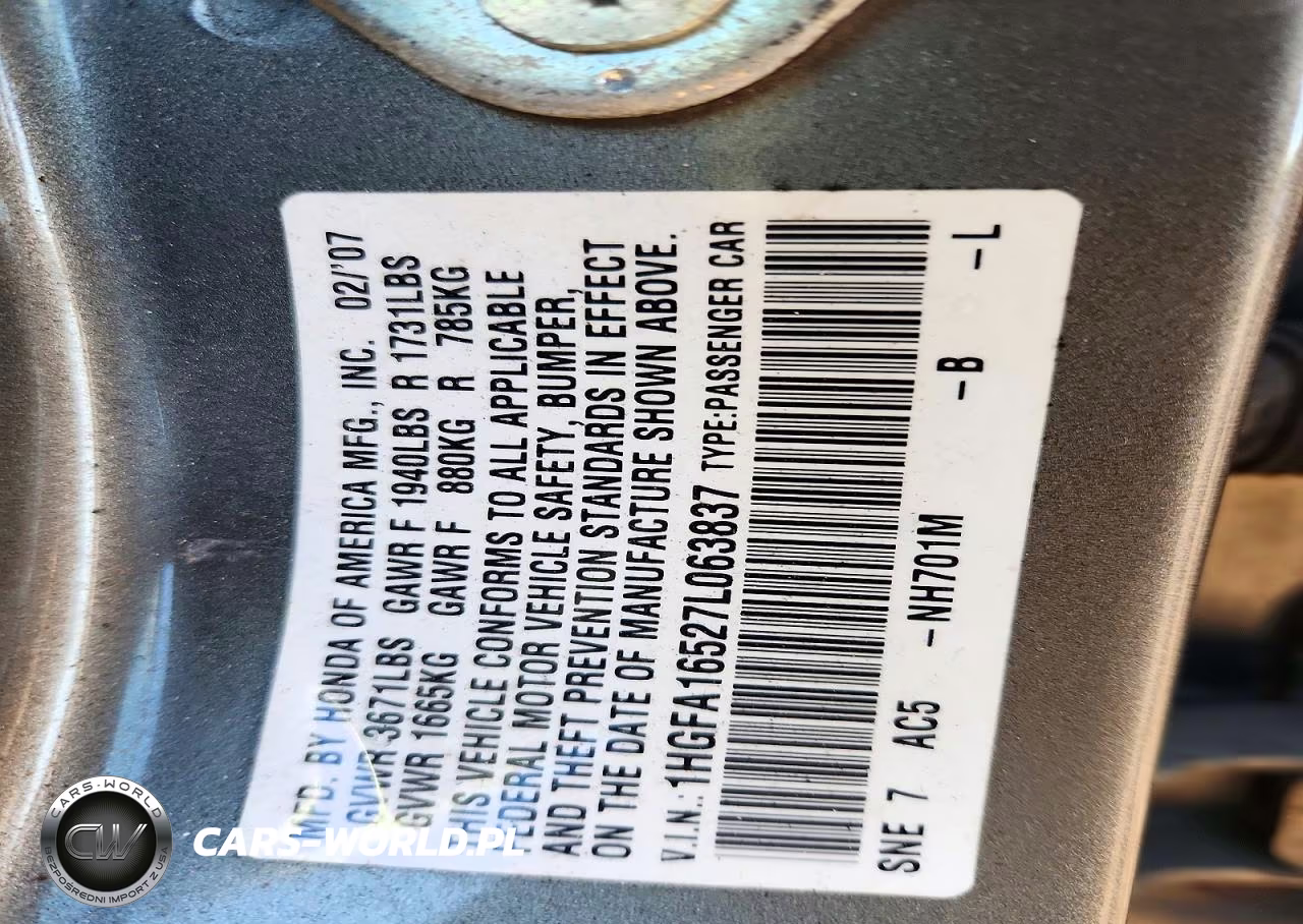 2007 Honda Civic Lx VIN:1HGFA16527L063837 - 12