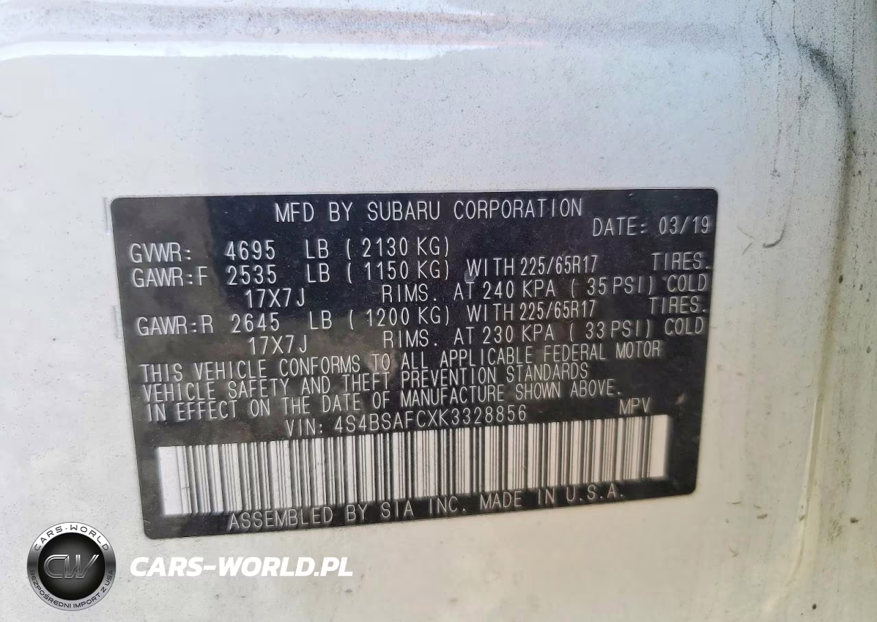 2019 Subaru Outback 2.5I Premium VIN:4S4BSAFCXK3328856 - 13