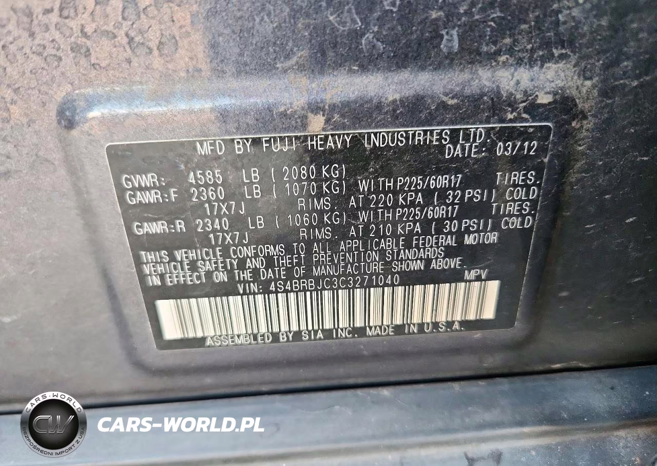 2012 Subaru Outback 2.5I Limited VIN:4S4BRBJC3C3271040 - 12