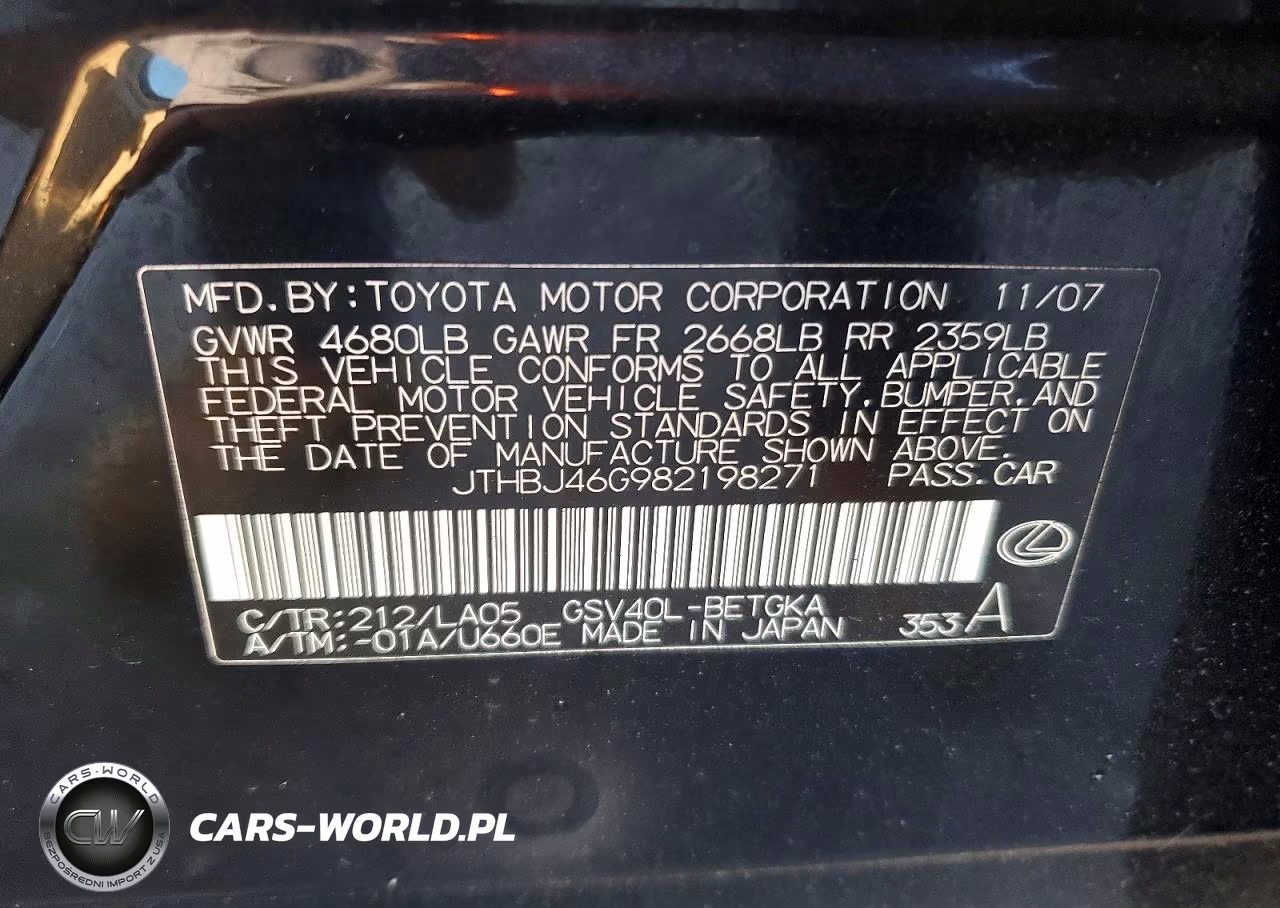 2008 Lexus Es 350 VIN:JTHBJ46G982198271 - 12