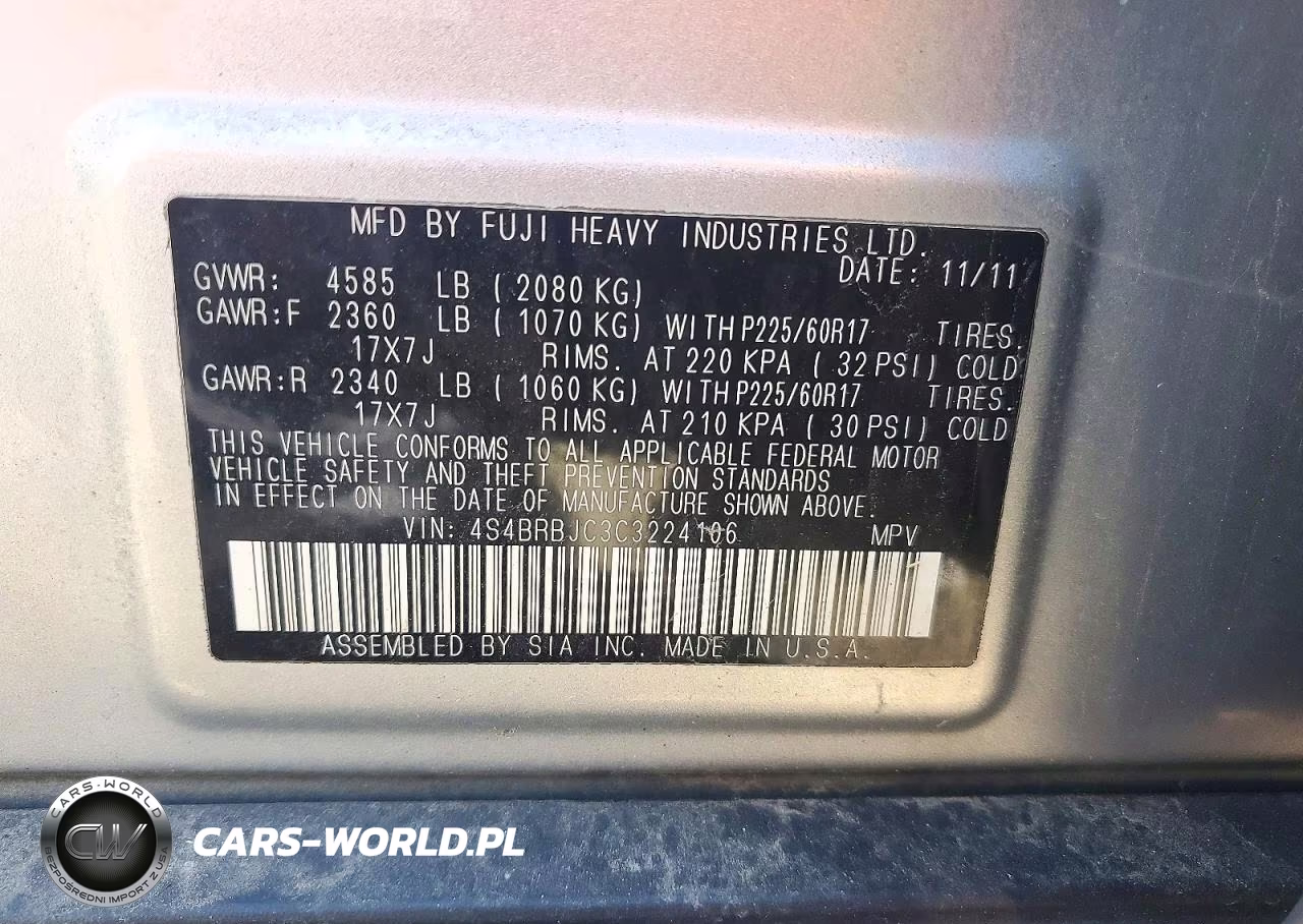 2012 Subaru Outback 2.5I Limited VIN:4S4BRBJC3C3224106 - 12
