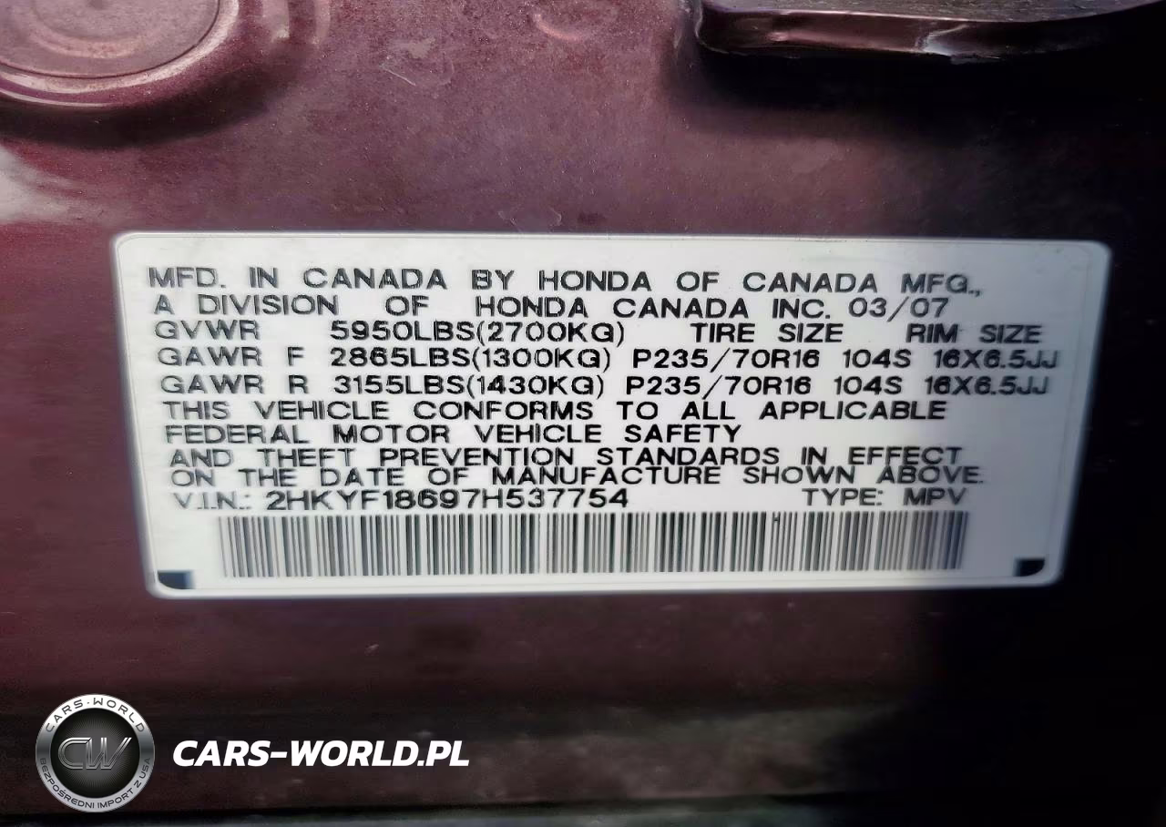 2007 Honda Pilot Exl VIN:2HKYF18697H537754 - 13