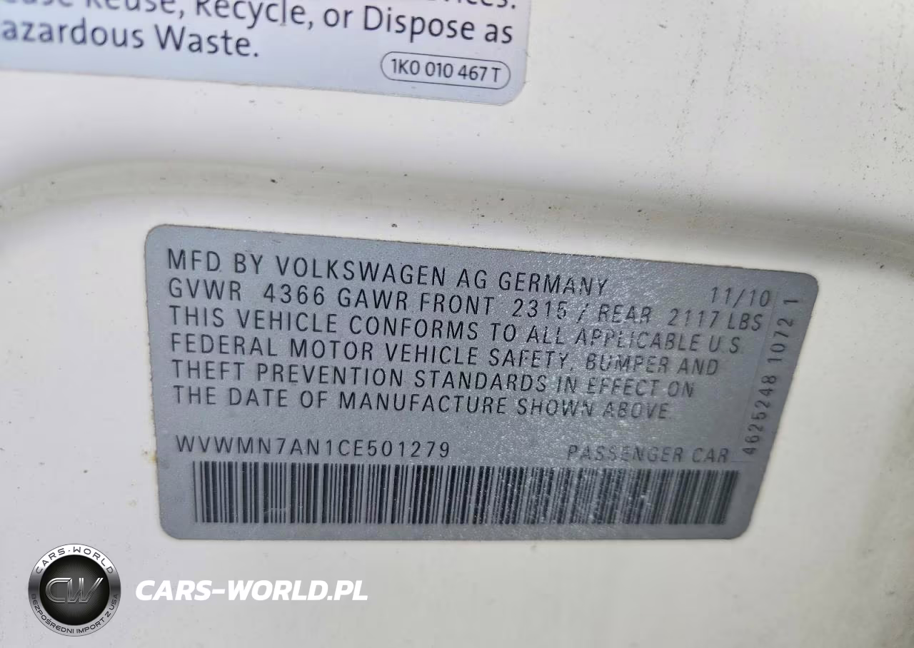 2012 Volkswagen Cc Sport VIN:WVWMN7AN1CE501279 - 12