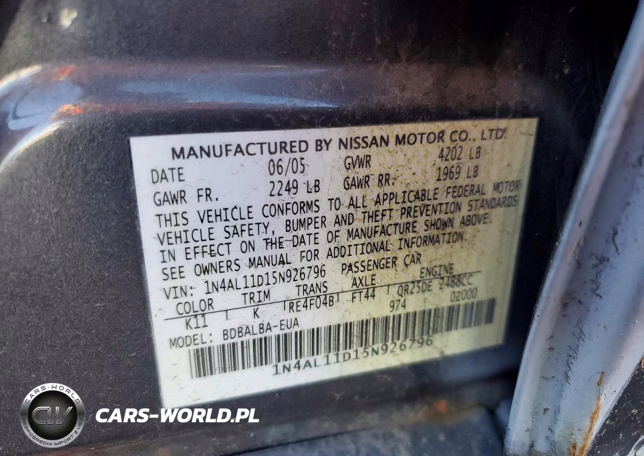 2005 Nissan Altima 2.5 VIN:1N4AL11D15N926796 - 12