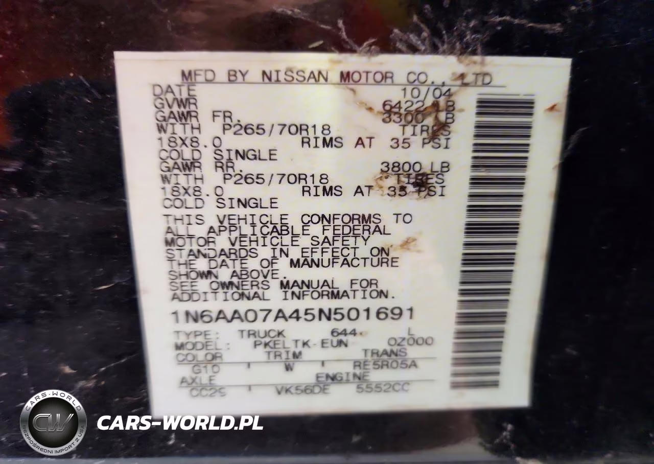 2005 Nissan Titan Xe VIN:1N6AA07A45N501691 - 12