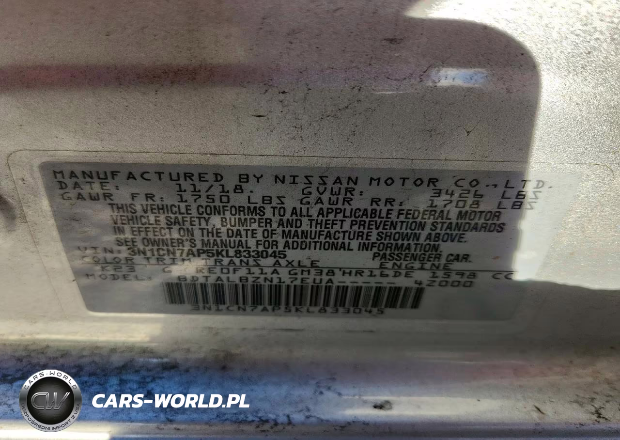 2019 Nissan Versa Sv VIN:3N1CN7AP5KL833045 - 13