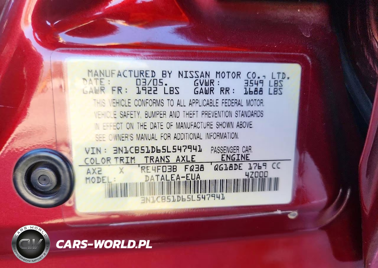 2005 Nissan Sentra 1.8 VIN:3N1CB51D65L547941 - 12