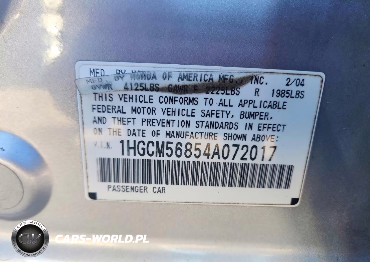 2004 Honda Accord Ex VIN:1HGCM56854A072017 - 12