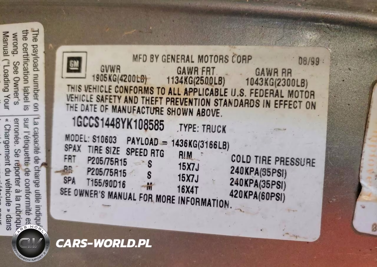 2000 Chevrolet S Truck S10 VIN:1GCCS1448YK108585 - 12