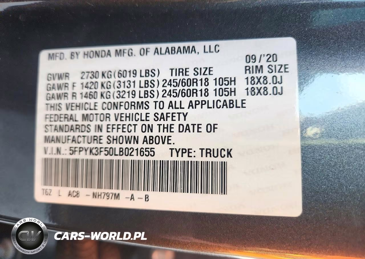 2020 Honda Ridgeline Rtl VIN:5FPYK3F50LB021655 - 13