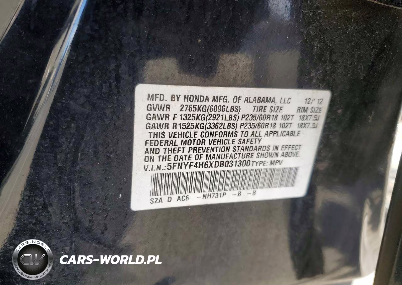 2013 Honda Pilot Exl VIN:5FNYF4H6XDB031300 - 13