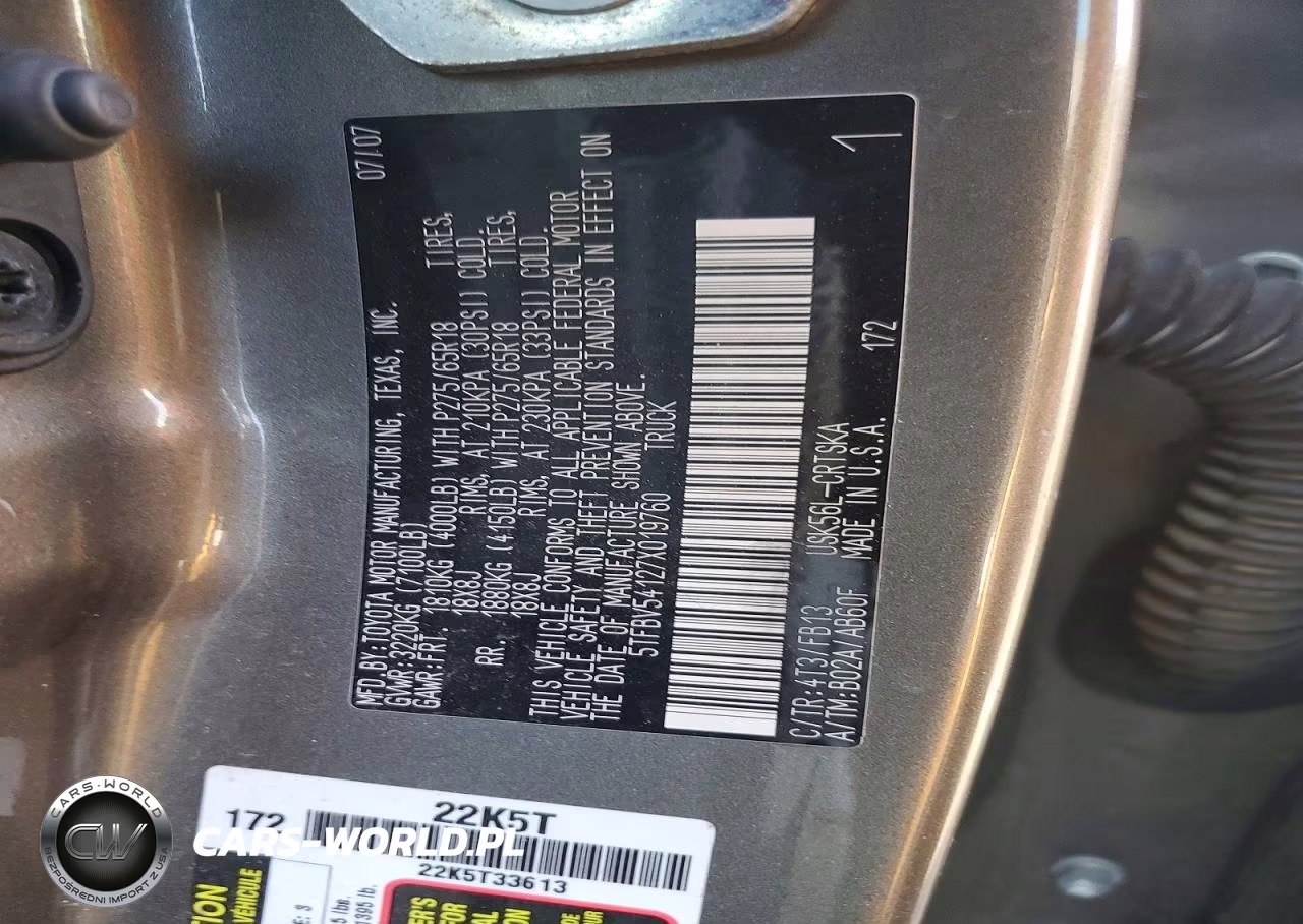 2007 Toyota Tundra Sr5 VIN:5TFBV54127X019760 - 12
