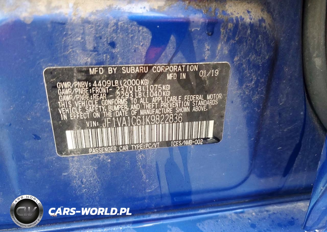 2019 Subaru Wrx Premium VIN:JF1VA1C61K9822836 - 12