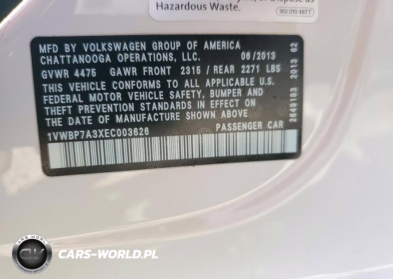 2014 Volkswagen Passat Se VIN:1VWBP7A3XEC003626 - 12