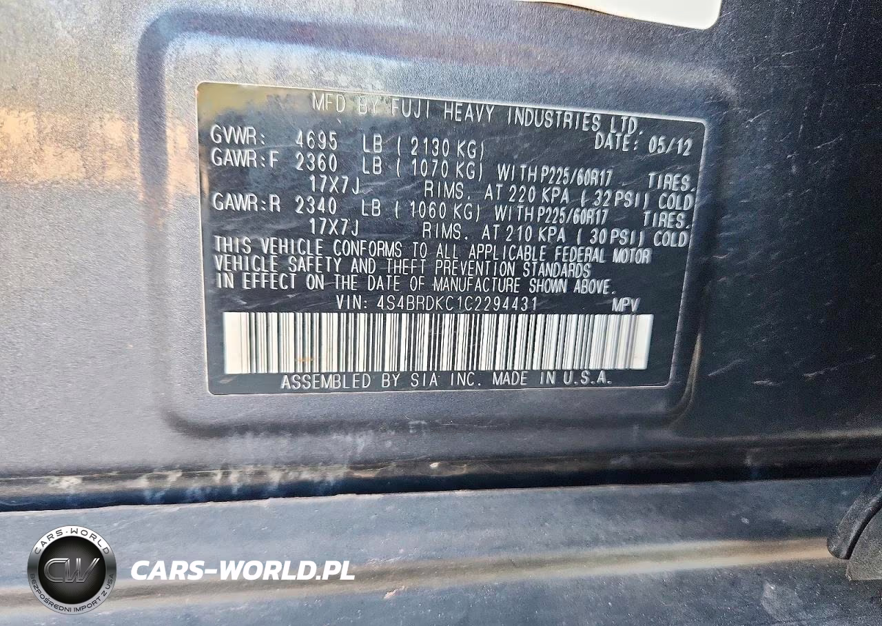 2012 Subaru Outback 3.6R Limited VIN:4S4BRDKC1C2294431 - 13
