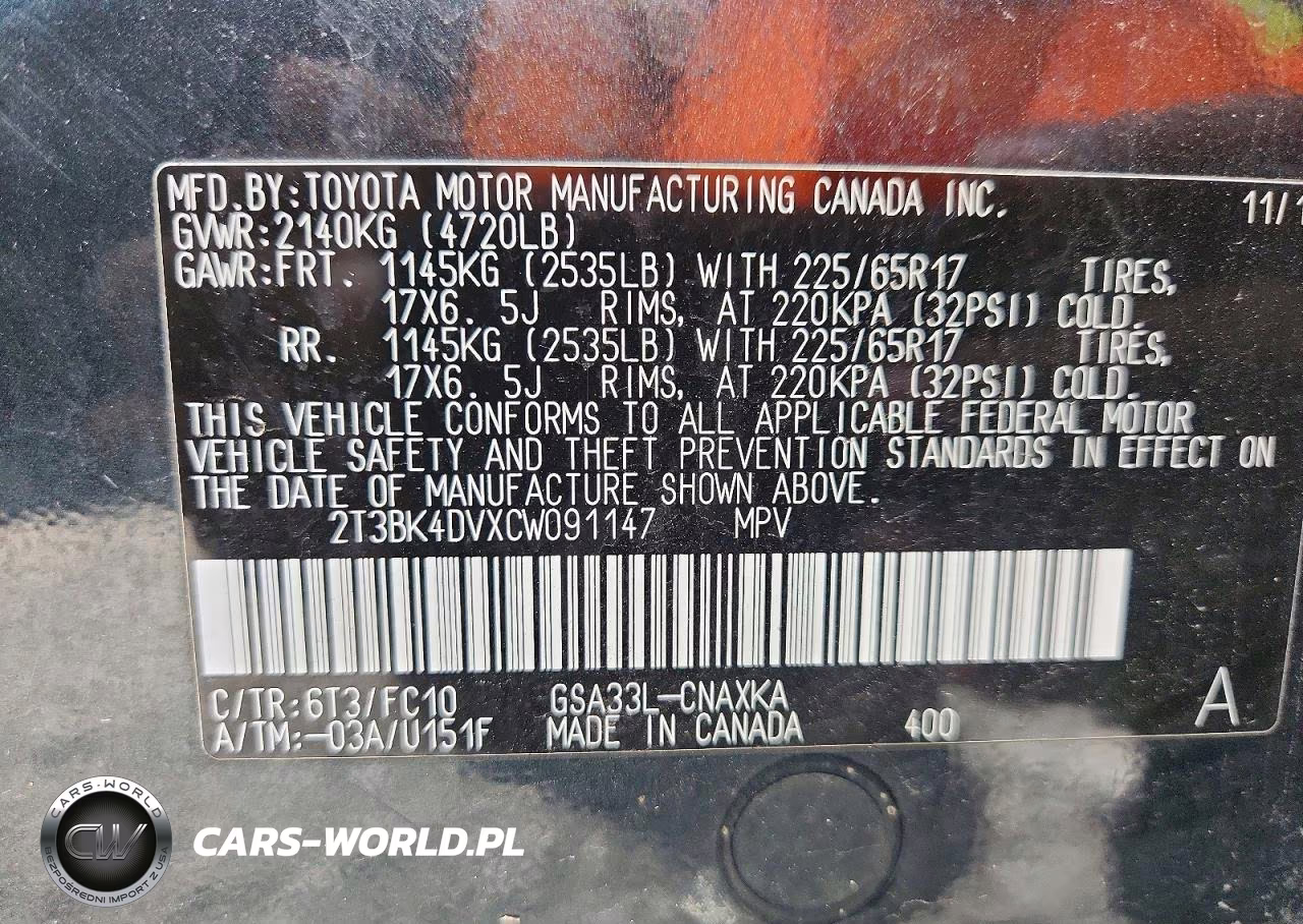 2012 Toyota Rav4 Base VIN:2T3BK4DVXCW091147 - 13
