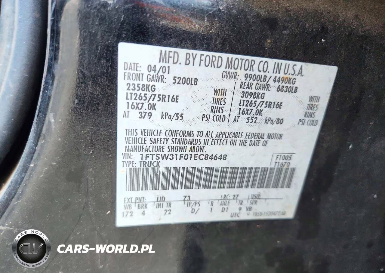 2001 Ford F350 Super Duty Xlt VIN:1FTSW31F01EC84648 - 12