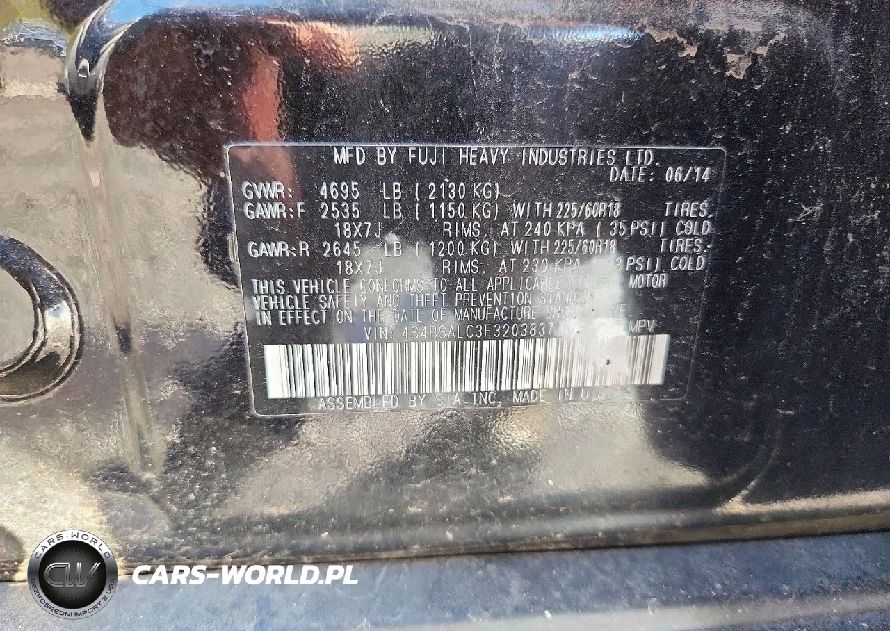2015 Subaru Outback 2.5I Limited VIN:4S4BSALC3F3203837 - 12