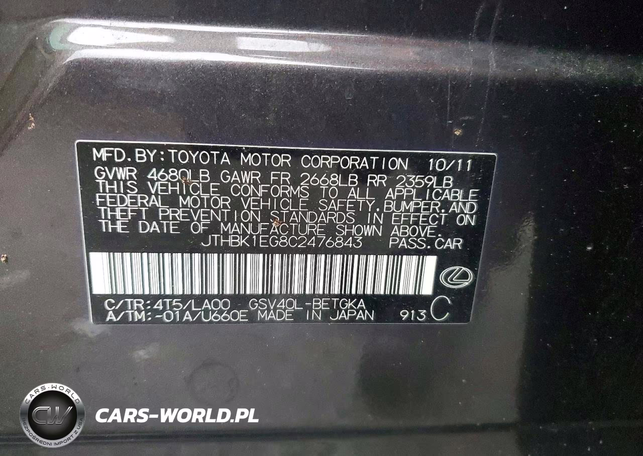 2012 Lexus Es 350 VIN:JTHBK1EG8C2476843 - 13