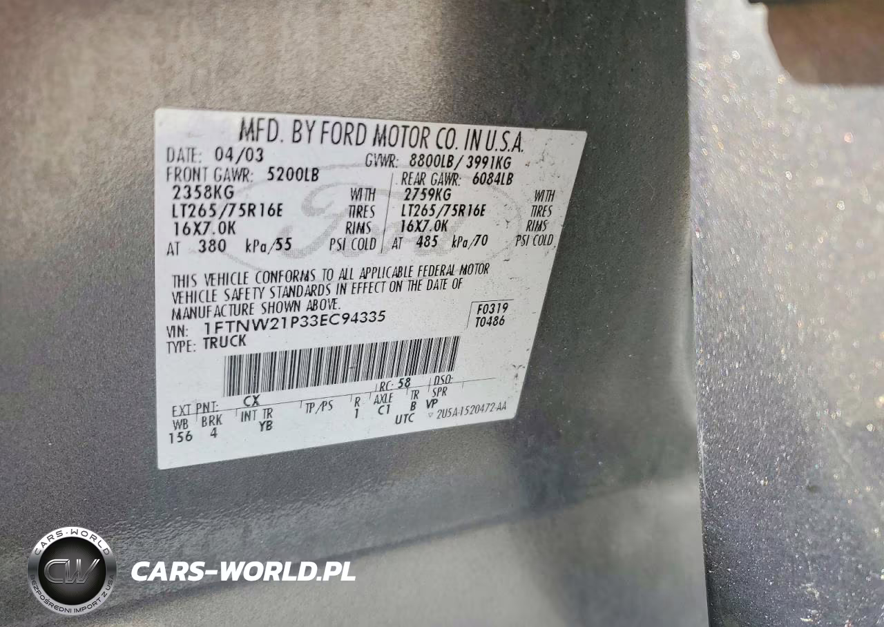 2003 Ford F250 Super Duty VIN:1FTNW21P33EC94335 - 12