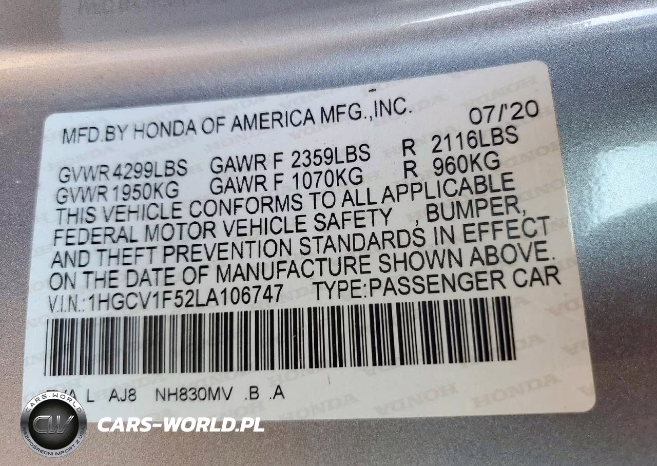 2020 Honda Accord Exl VIN:1HGCV1F52LA106747 - 13