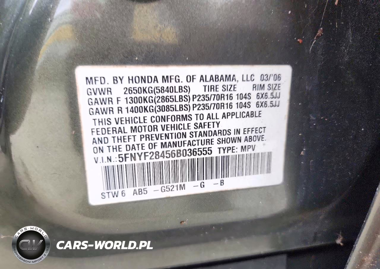 2006 Honda Pilot Ex VIN:5FNYF28456B036555 - 13