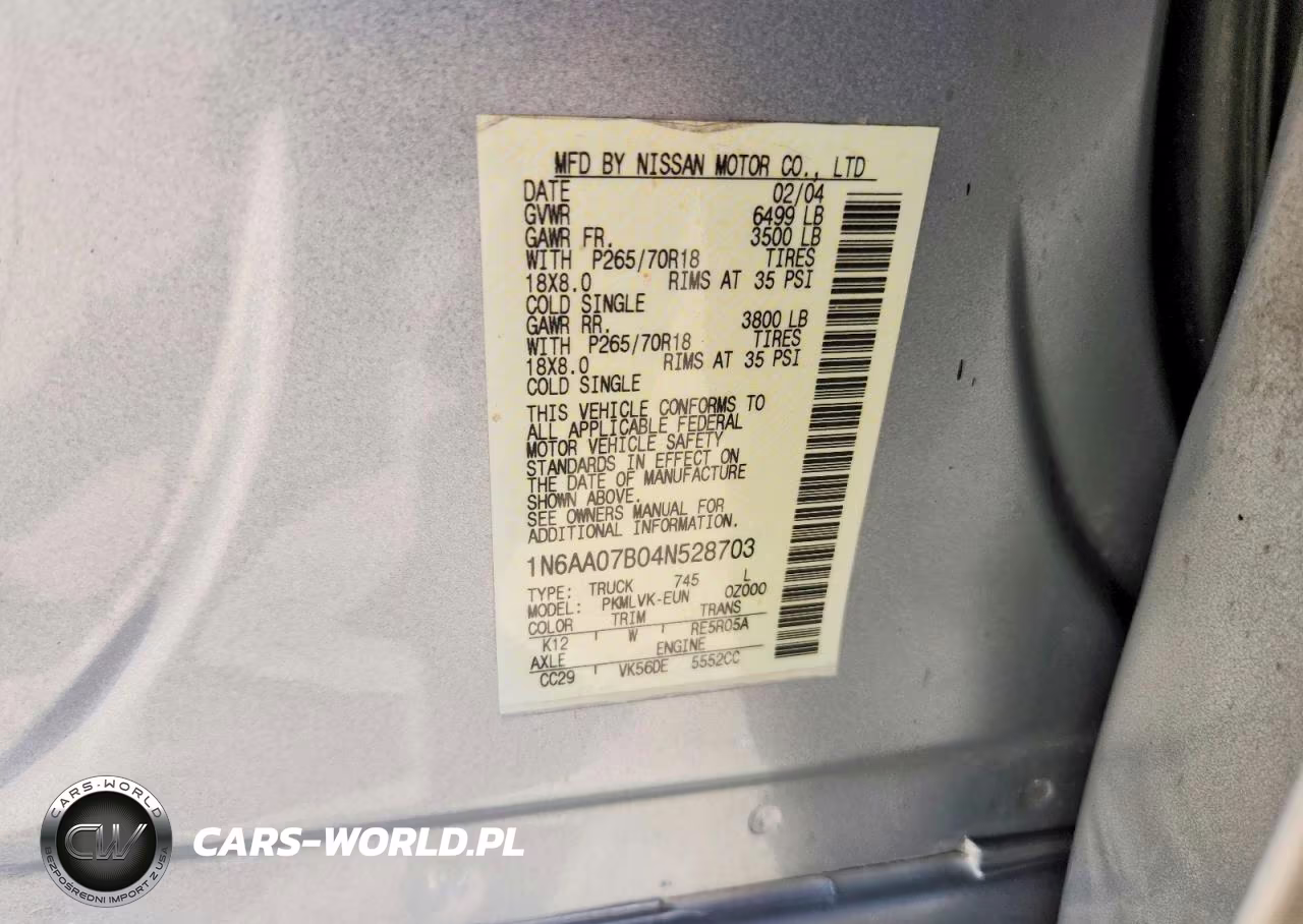2004 Nissan Titan Xe VIN:1N6AA07B04N528703 - 12