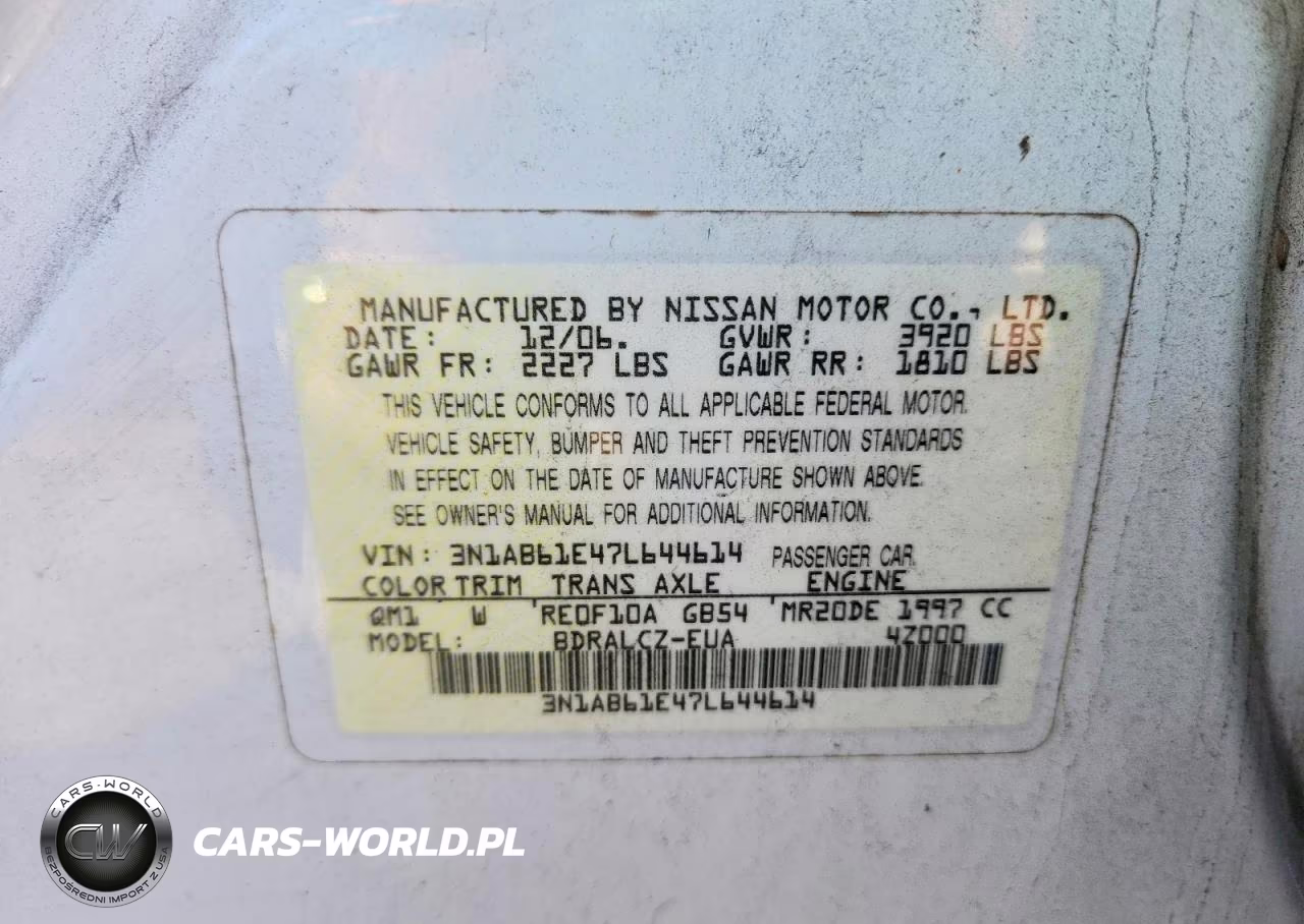 2007 Nissan Sentra 2.0 VIN:3N1AB61E47L644614 - 12