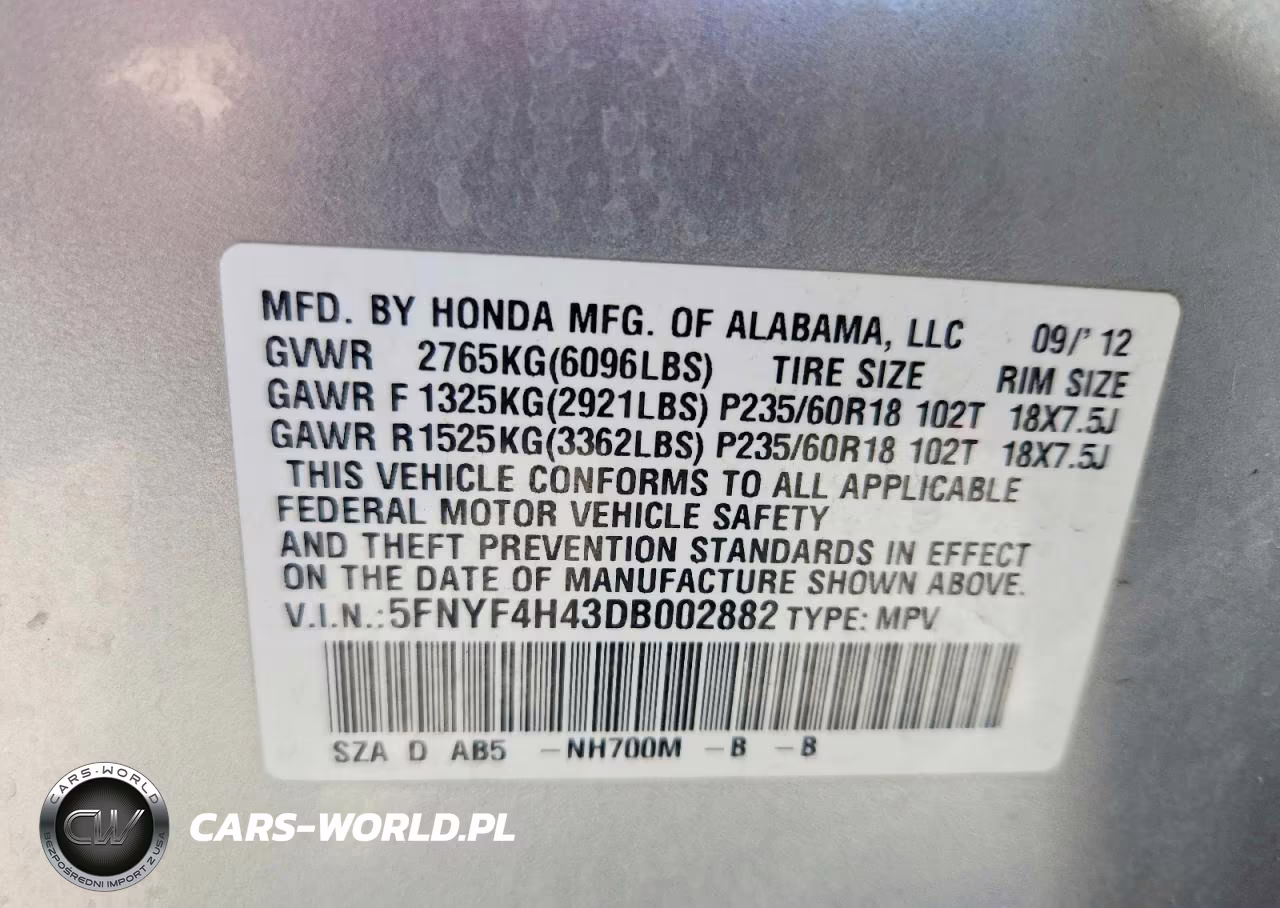 2013 Honda Pilot Ex VIN:5FNYF4H43DB002882 - 13