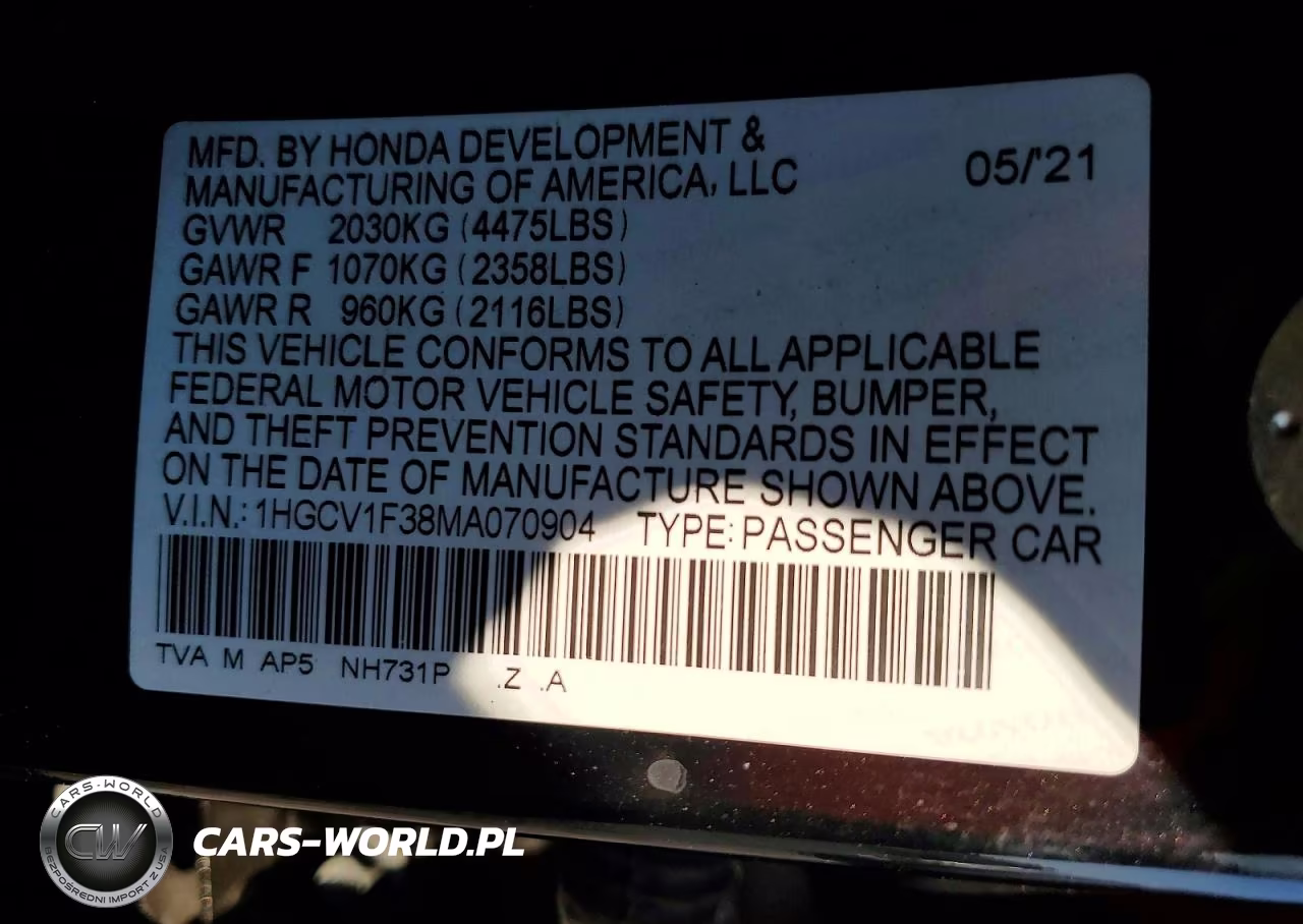 2021 Honda Accord Sport VIN:1HGCV1F38MA070904 - 12