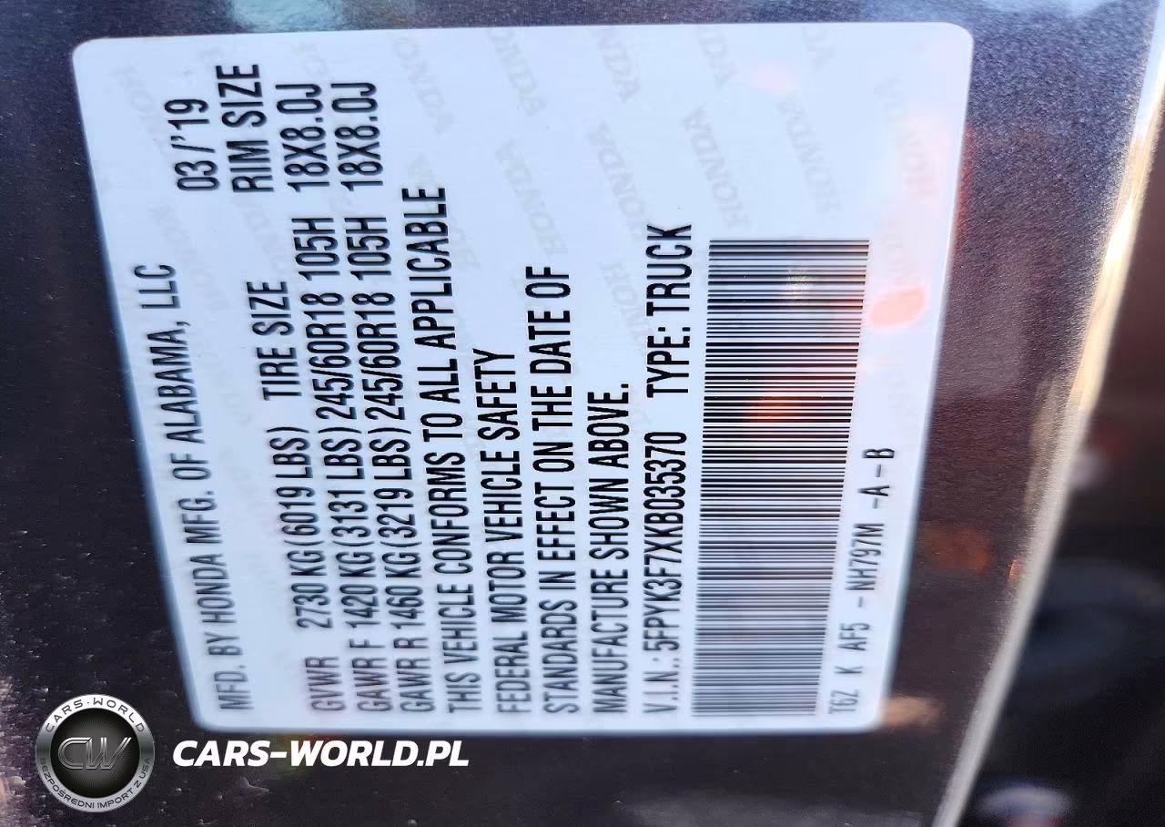 2019 Honda Ridgeline Rtl VIN:5FPYK3F7XKB035370 - 12